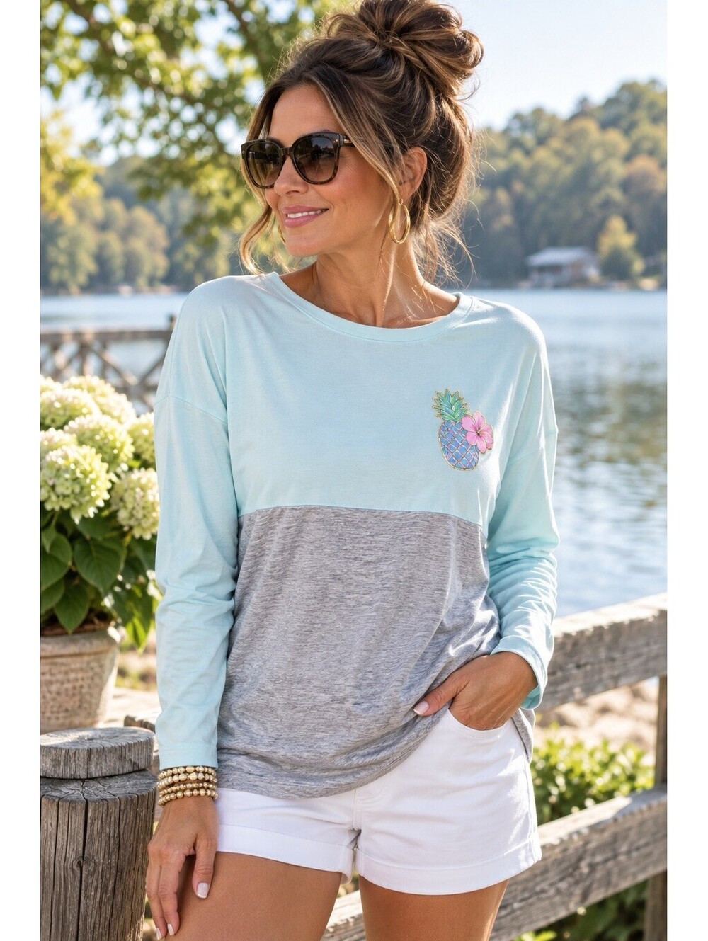 Lilly Pulitzer Pineapple Finn Top Small Blue Gray Colorblock Long Sleeve Cotton